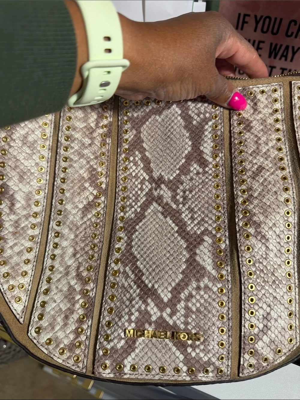 Michael Kors Taupe and Cream Snake-Print Shoulder Bag